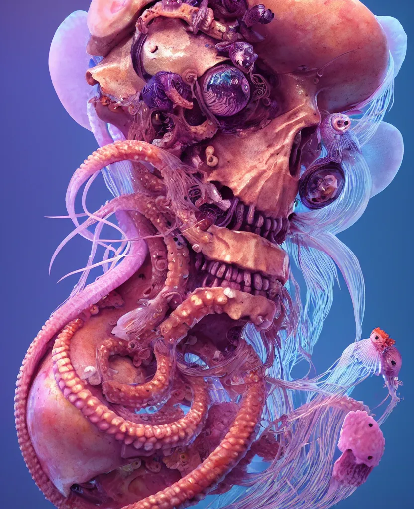 Image similar to goddess close-up portrait ram skull. jellyfish phoenix head, nautilus, orchid, skull, betta fish, bioluminiscent creatures, intricate artwork by Tooth Wu and wlop and beeple. octane render, trending on artstation, greg rutkowski very coherent symmetrical artwork. cinematic, hyper realism, high detail, octane render, 8k