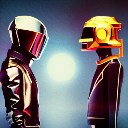 Image similar to headshot portrait of low-poly render 3D miniature daft punk kids standing back to back, twilight zone background, illustration, artgerm, octane render, inspired by Greg rutkowski, colorful, studio lighting, full body,