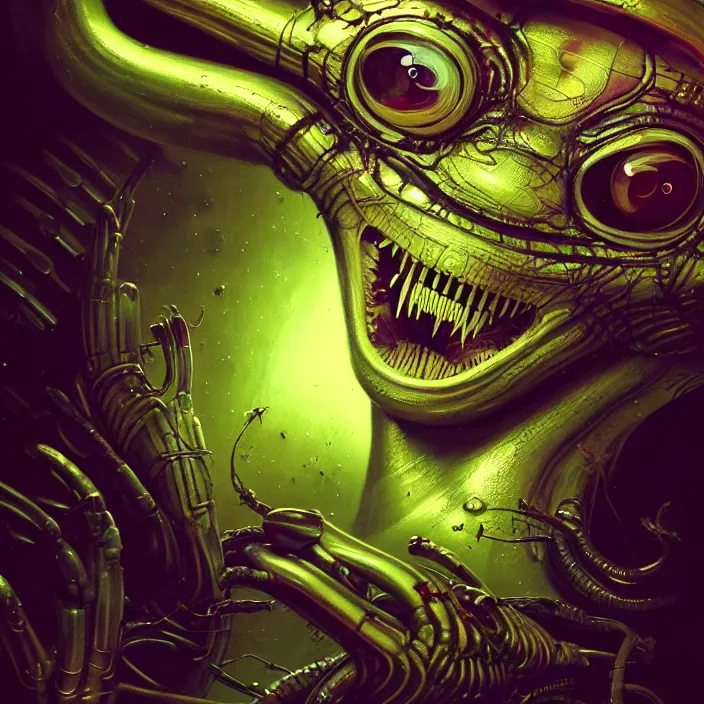 Prompt: painting on a metallic plate of a cute alien, illustrated by greg rutkowski and h. r. giger, 3 5 mm lens, beautiful macro close - up imagery, vibrantly lush neon lighting, beautiful volumetric - lighting - style atmosphere, a futuristic atmosphere, intricate, ultra detailed, photorealistic imagery, trending on artstation
