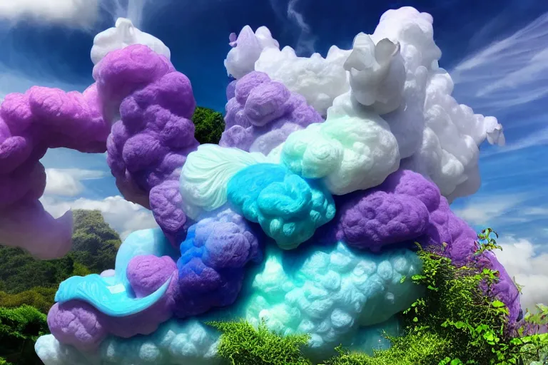 Image similar to a huge flock of many smooth puffy marvelous cloud sculptures with whirling ultra detailed gemstone crystal sculptures, art nouveau jungle environment, soothing, crepuscular rays, award winning art, epic dreamlike fantasy landscape, ultra realistic,