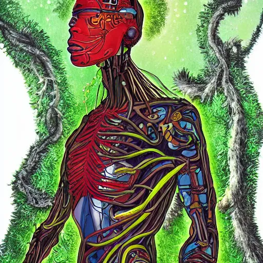 Image similar to a mutant cyborg in a tropical forest, connected to a tree by plant roots and electric cables, detailed, afro futurism painting