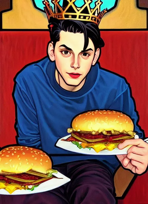Prompt: oil painting, jughead jones wears a crown and devours a hamburger, intricate, elegant, highly detailed, lighting, painting, artstation, smooth, illustration, art by greg rutowski and alphonse mucha
