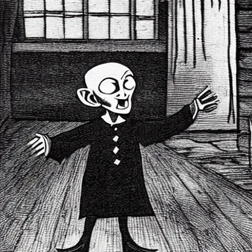 Image similar to nosferatu in his school uniform chasing after the school bus, his arm is outstretched