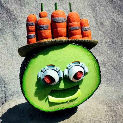 Prompt: little happy robot made of vegetables with big avocado hat and a carrot sword, made in abyss style