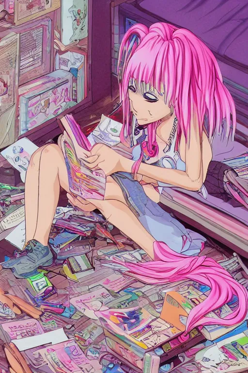 Prompt: concept art painting of a chibi anime cybergoth girl with pink dreads on the floor reading a book in a cluttered 9 0 s bedroom, artgerm, moebius, inio asano, toon shading, cel shading, calm, tranquil, vaporwave colors,