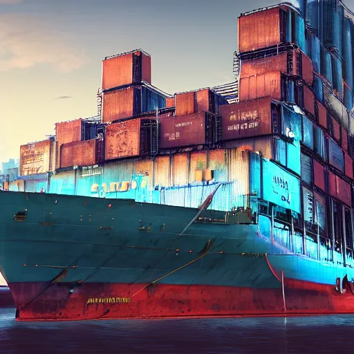 Image similar to photo of Immense industrial futuristic cargo ship arrives at cyber punk city sea port, cinematic lighting, photo