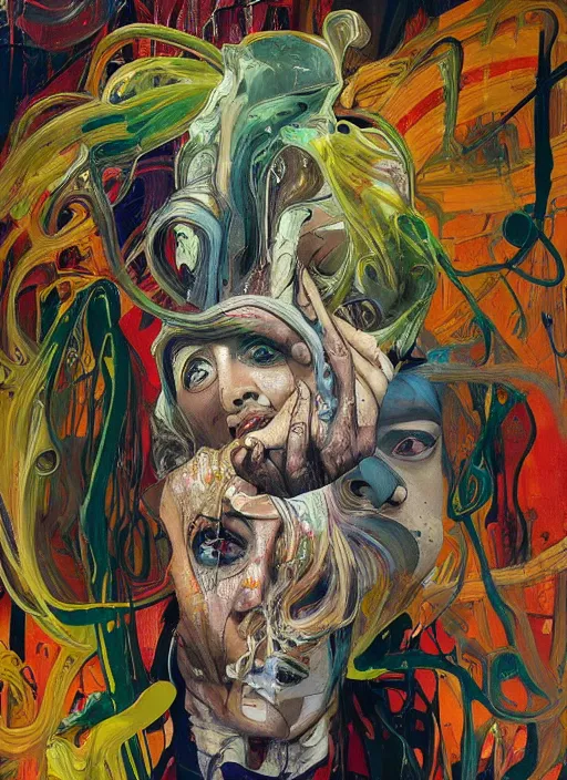 Prompt: abstract expressionism oil painting intertwined with a mutant biomorphic posthuman human head, spray paint texture, drips, impasto paint, 3 d graffiti texture, brushstrokes, abstract, highly detailed, hyperealistic fresh paint, harmonious, chaotic, colorfull, in the style of alphonse mucha