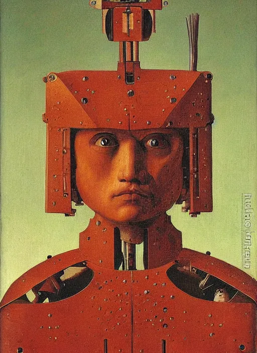 Image similar to a portrait of a warrior robot by Jan van Eyck