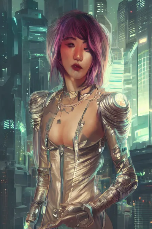 Image similar to portrait futuristic Ninja Girl, in future cyberpunk tokyo rooftop , ssci-fi, fantasy, intricate, very very beautiful, elegant, neon light, highly detailed, digital painting, artstation, concept art, smooth, sharp focus, illustration, art by WLOP and tian zi and alphonse mucha