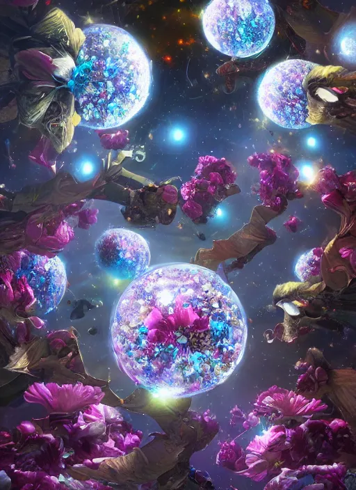 Image similar to An epic fantastic realism comic book style painting of the most beautiful flowers launched into space, perfect shiny silver iridescent spheres, bouquets, fisheye lens, unreal 5, DAZ, hyperrealistic, octane render, dynamic lighting