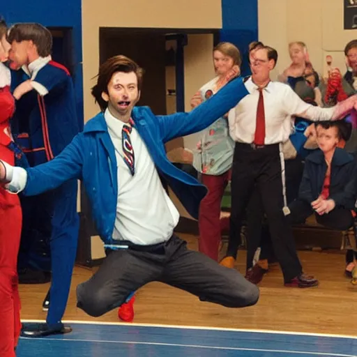 Image similar to promotional image of David Tennant as Doctor Who at a polka dancing contest at the YMCA basketball gym, everyone in the background all his enemies are clapping, in the background the Tardis door is wide open, movie still, promotional image, imax 70 mm footage, HDR, cinematic