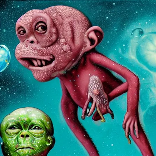 Image similar to measles on a deformed hideous pustule covered monkey, sores, bumps, skin wounds, surface hives, growths, horror, fantasy, highly detailed, by Dan Hillier, ooze, slime, in background nebula of bacteriophages