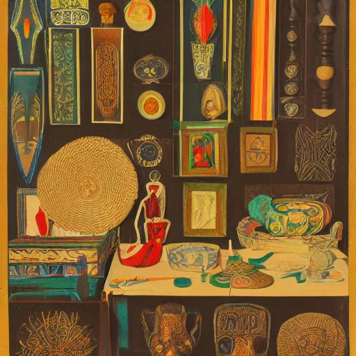 Image similar to An offset photography of an object on display, three colors, anthropology of wonder, ((exotic artifacts)), bauhause, (tropicalism), colonial expedition, exhibition, 60s style