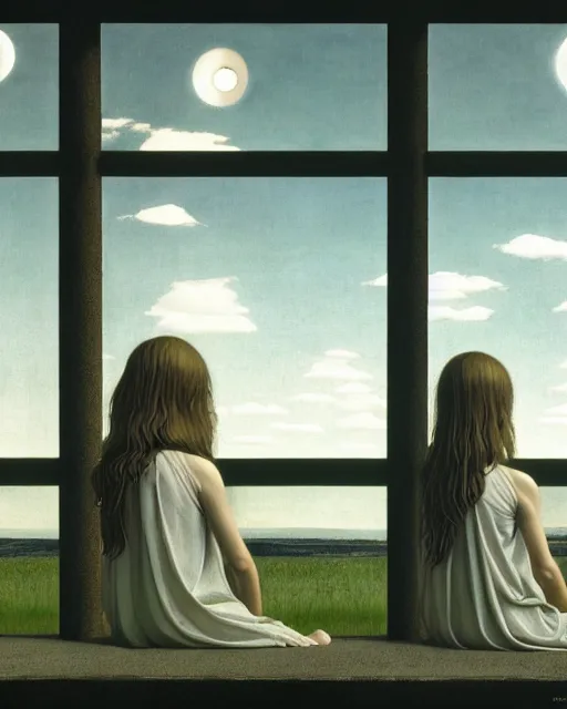 Prompt: twins, sisters, in the void, by the mirror, station, alex colville, otto mueller, stephen conroy, sandro botticelli, andrew newell wyeth, daniel maidman yussi picho octane rendering