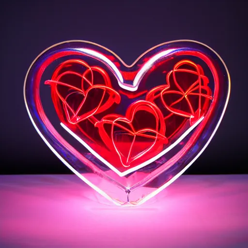 Prompt: Glass Sculpture of a heart, red neon lights inside it, flying miniature angels of love floating, uplifting, realistic, transparent, 16k