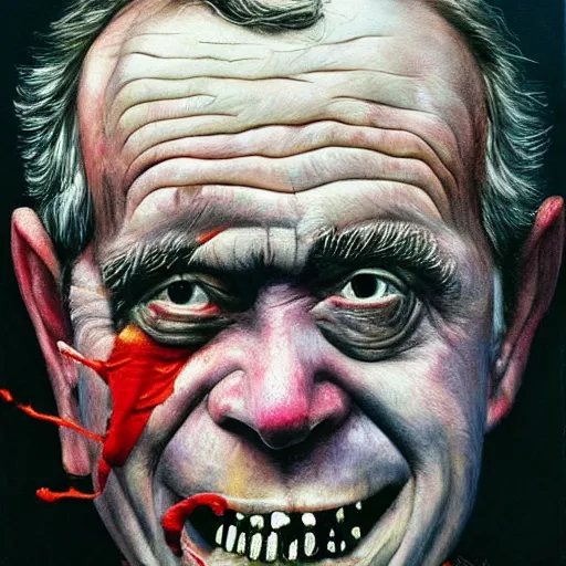 Image similar to George Bush, hyper-realistic oil painting, Body horror, biopunk, by Ralph Steadman, Francis Bacon, Hunter S Thompson