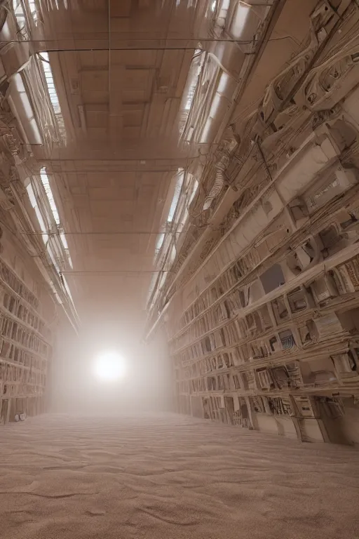 Prompt: inside a tall vetical room, convoluted halls, large open windows, fast wind, cables hanging, complex ceiling, ancient monolithic sci - fi, thick dust storm enters the buiding, concrete pillars, on an alien planet, sun is blocked by dust, pale orange colors, cinematographic wide angle shot, f / 2 4, motion blur