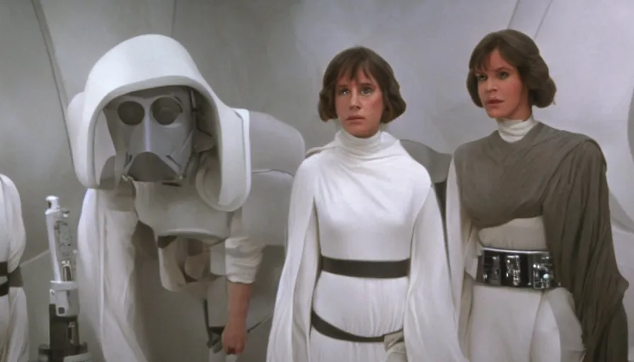 Prompt: screenshot portrait of Luke Skywalker and Princess Leia, facing off against an incredibly haunting female sith lord in white, on a sith planet of purple magic maelstrom, iconic scene from the 1970s sci fi thriller film by Stanley Kubrick, HR Geiger, stunning cinematography, hyper-detailed, sharp, anamorphic lenses, kodak color stock, 4k, stunning