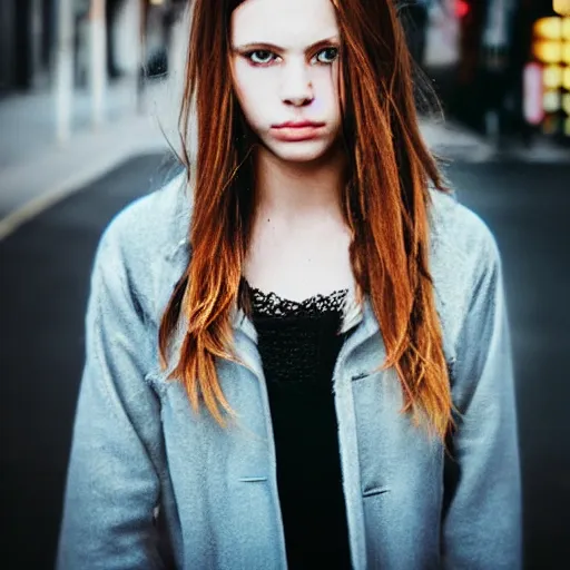 Prompt: “ fashion model long brown hair blue eyes looking into lens heavy bokeh modern fashion look ”