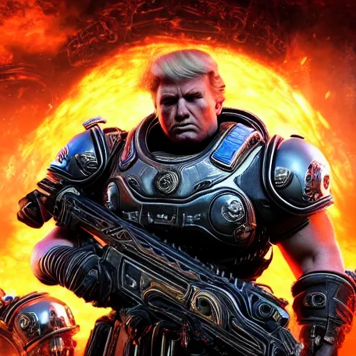 Image similar to Photo portrait of Donald Trump as God-Emperor in Gears of War, splash art, movie still, detailed face, photorealistic facial features, cinematic lighting, dramatic, octane render, long lens, shallow depth of field, bokeh, anamorphic lens flare, 8k, hyper detailed, 35mm film grain