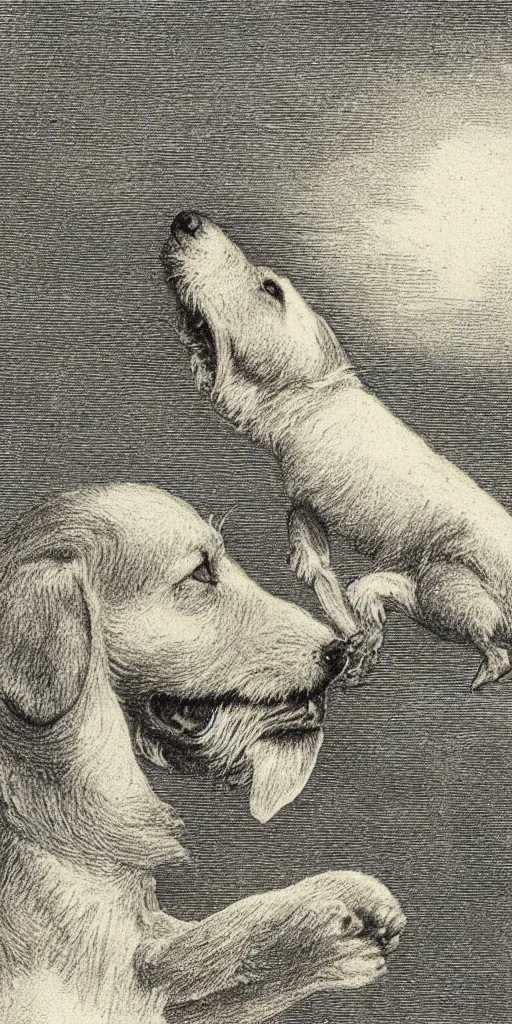 Image similar to jack russel dog looking up and howling with mouth open sad, night sky, highly detailed, side view, illustrated by peggy fortnum and beatrix potter and sir john tenniel