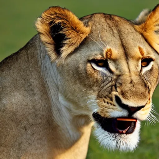 Image similar to a lioness, looking intensely at the camera, licking her mouth, 4 k, nature photograph