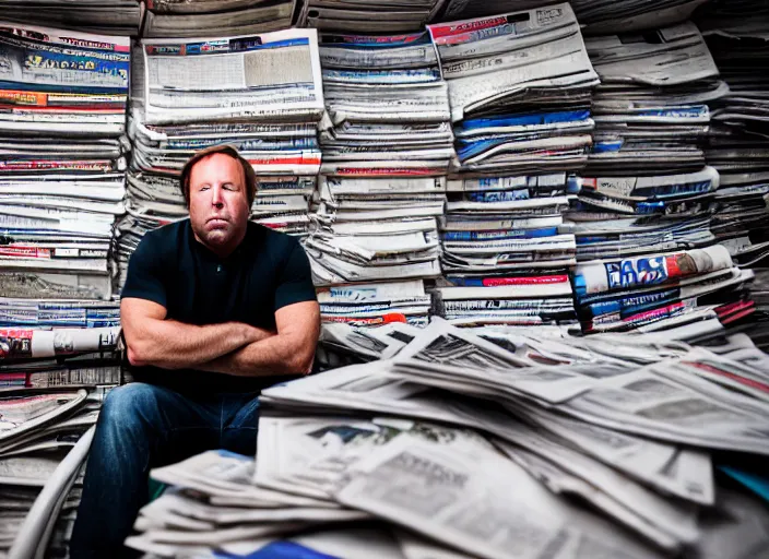 Prompt: dslr photo still of!!! alex jones!!! sitting depressed in a room filled to the ceiling with newspapers, 5 2 mm f 5. 6