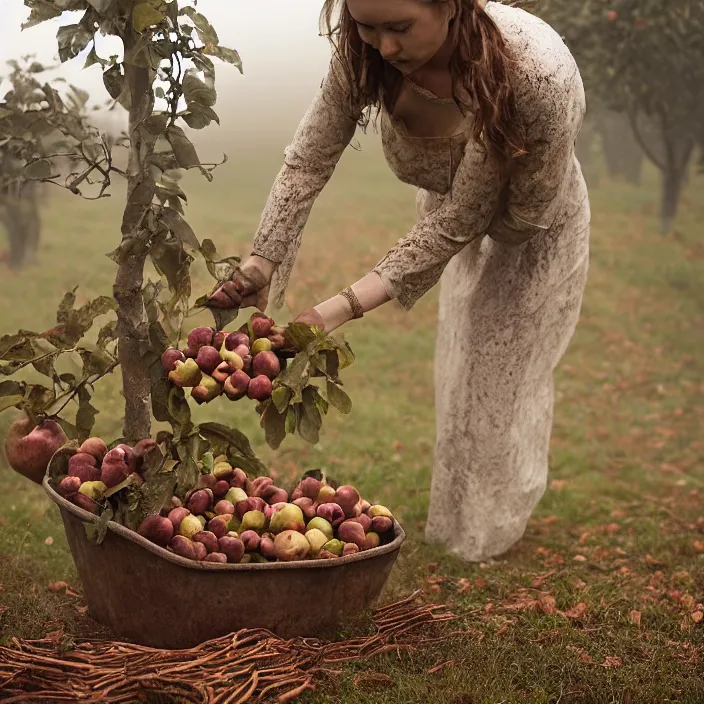 Prompt: a closeup portrait of a woman wearing a metal plate dress made of iron and copper, picking apples from a tree in an orchard, foggy, moody, photograph, by vincent desiderio, canon eos c 3 0 0, ƒ 1. 8, 3 5 mm, 8 k, medium - format print