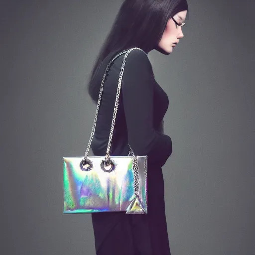 Image similar to a modern designer bag, iridescent color, silver chains, fashion shooting, photorealistic, fantasy, artstation, studio photo