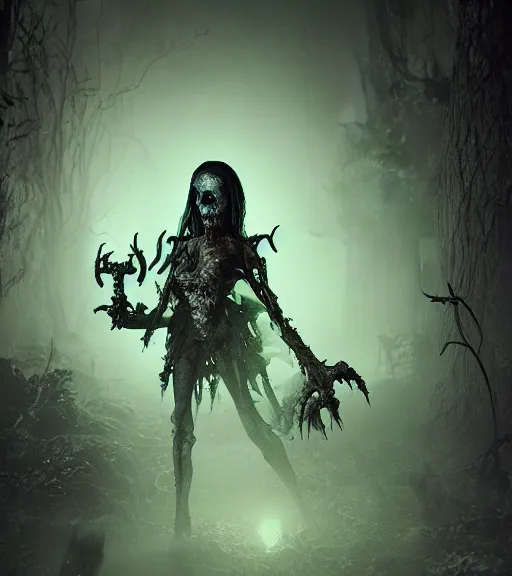 Image similar to gothic necrolord female with zombie servents, nikon photography resolution quality, liminal eerie midnight backlit, a picture taken by Michael Komarck and Daniel Ljunggren