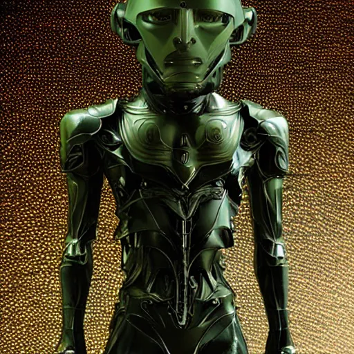 Image similar to Prometheus Engineer from the movie Prometheus (2012), highly detailed, symmetrical long head, raiden metal gear, cinematic smooth stone, deep aesthetic, concept art, post process, 4k, carved green metal texture and silk cloth, latex skin, highly ornate intricate details, in the style of frank miller