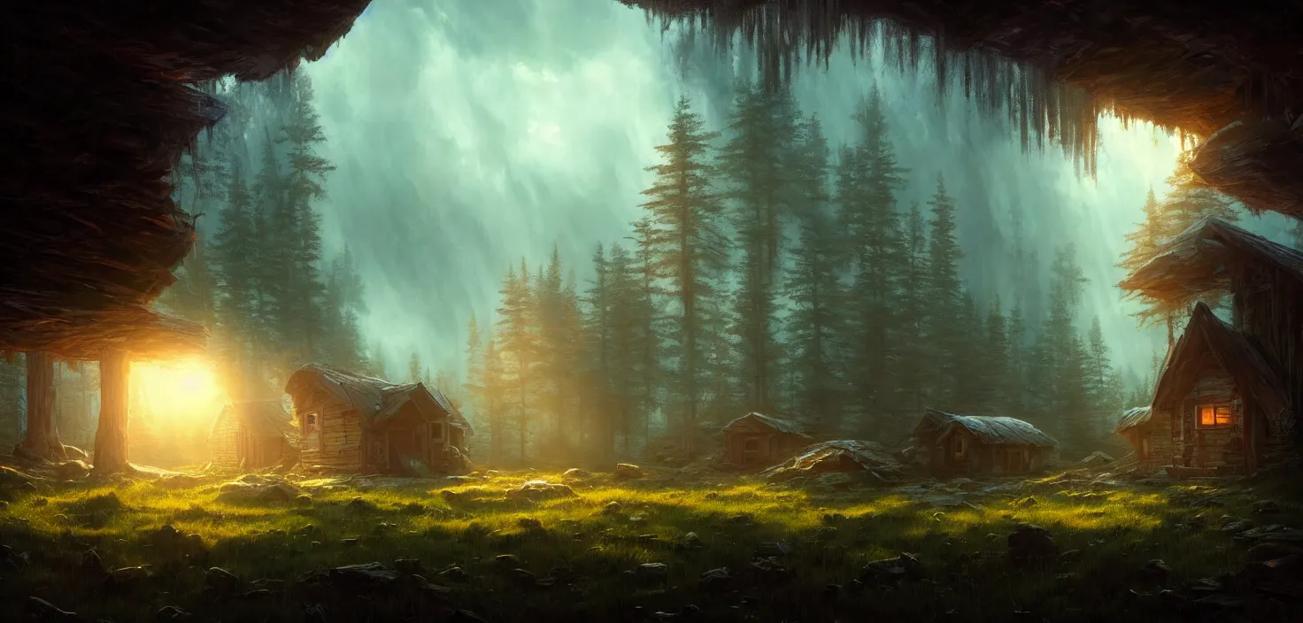 Prompt: concept art of an inside of a macro cabin in the woods closeup, cinematic view, epic sky, detailed, concept art, low angle, high detail, warm lighting, volumetric, godrays, vivid, beautiful, trending on artstation, by jordan grimmer, huge scene, grass, art greg rutkowski