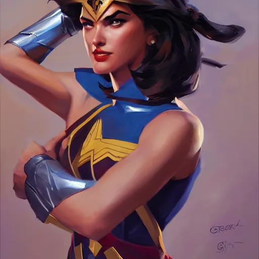 Image similar to greg manchess portrait painting of wonderwoman as overwatch character, medium shot, asymmetrical, profile picture, organic painting, sunny day, matte painting, bold shapes, hard edges, street art, trending on artstation, by huang guangjian and gil elvgren and sachin teng