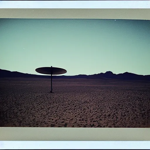 Image similar to a flying saucer over a the desert at night, distant!!, historical photo, old polaroid, expired film,