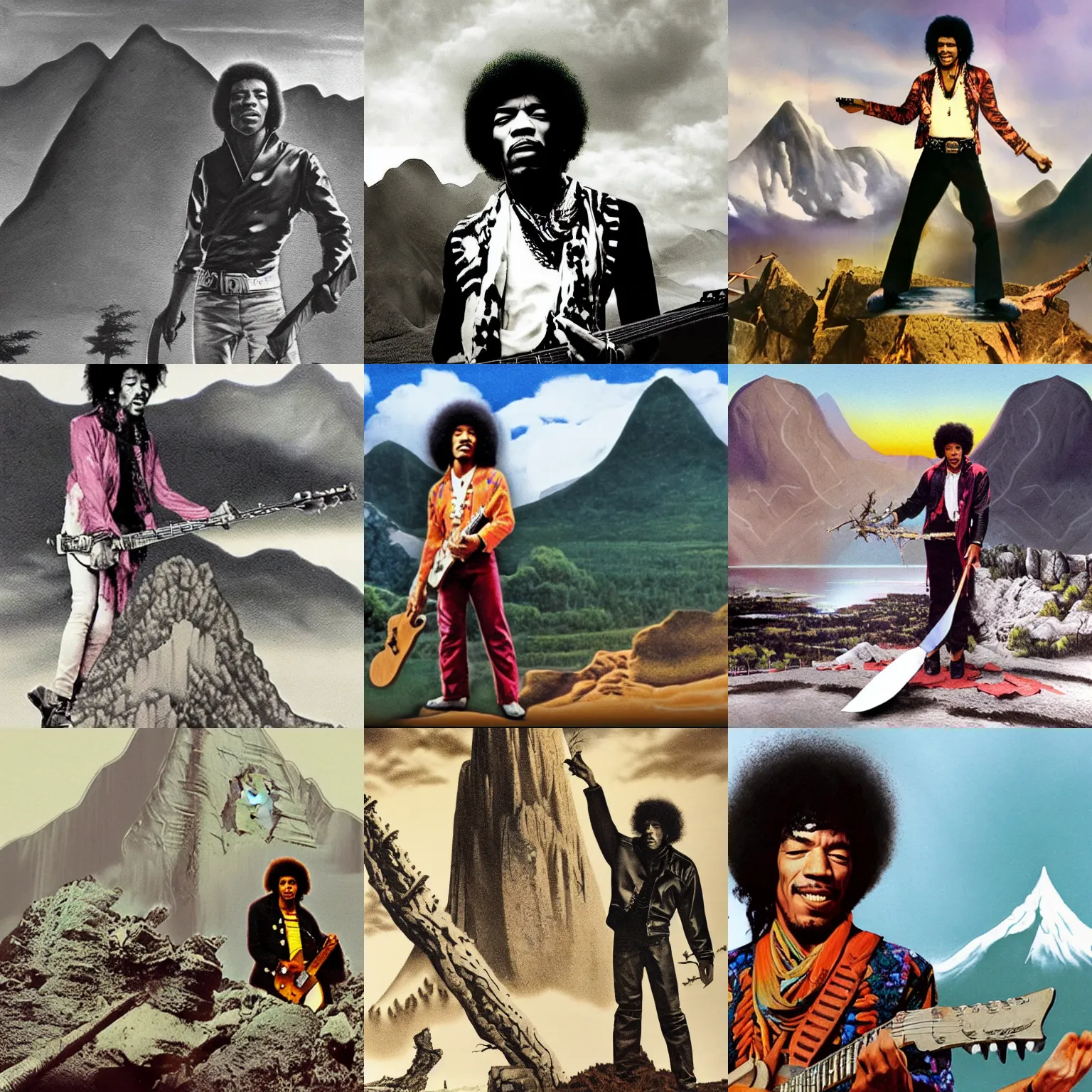 Prompt: a matte painting of jimi hendrix as a giant standing next to a mountain and chopping it down with the edge of his hand