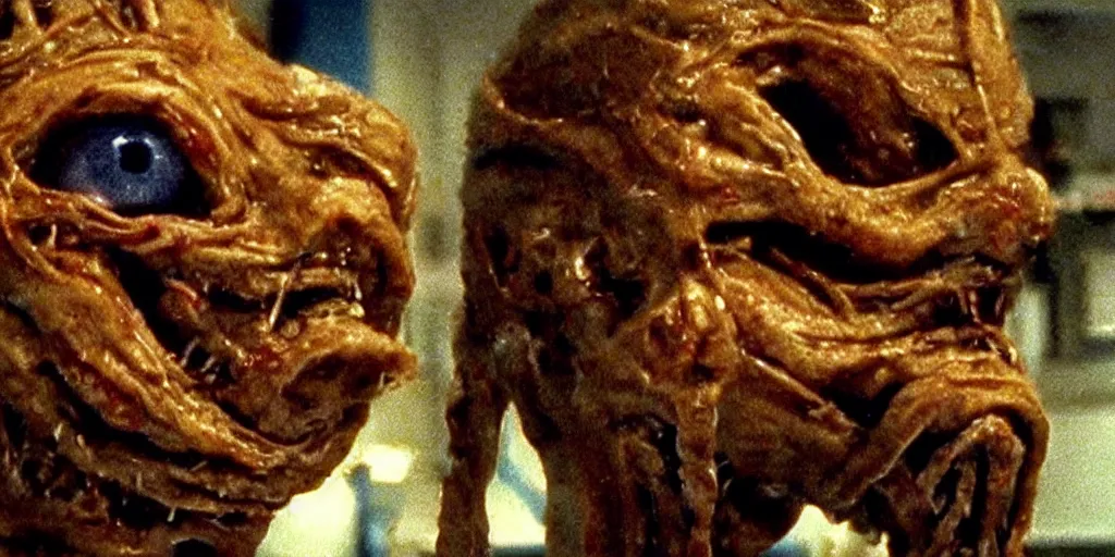 Prompt: filmic close up dutch angle movie still 35mm film color photograph of a detached snarling distorted deformed human head protruding out of a mutated abstract shape shifting organism made of human internal organs, disgusting dissected human tissue crawling on a lab floor like an arachnid, in the style of a horror film The Thing 1982