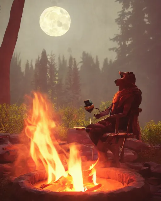 Image similar to spartan drinking tea at campfire with trichocereus background and smoke haze, wolf howling at full moon, photo in the style of the celestine prophecy, artstation, deviantart, professional, unreal engine 5, octane render