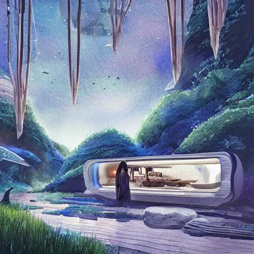 Image similar to beautiful happy picturesque charming sci - fi organic pod - like homes of the future in a beautiful natural scene. water, trees and rocks. beautiful light. soft colour scheme. beautiful artistic detailed watercolor by lurid. ( 2 0 2 2 )