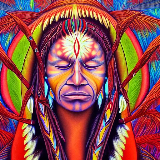 Prompt: a painting of elegant native american thinking by flooko, alex grey, forest, vibrant, detailed, ethereal, glows,