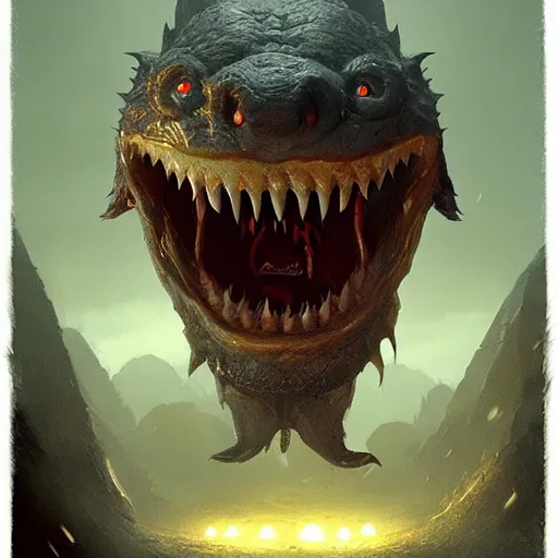 Image similar to monster with a very toothy smile, 8 k, shallow depth of field, greg rutkowski, moody lighting, ultra high detail, concept art,