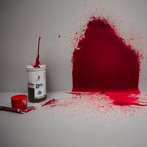 Prompt: a clean studio photography set, there is a bucket of red paint in the middle and it has just exploded, there is paint EVERYWHERE