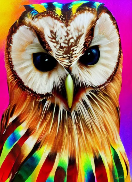 Prompt: realistic portrait beautiful painting of japanese owl, rainbow bird feathers, wearing woman shoesfull body, fine art, trending on artstation, smooth draw, sharp focus, digital art, bright colors, fine draw, perfect lighting, high render, high resolution.