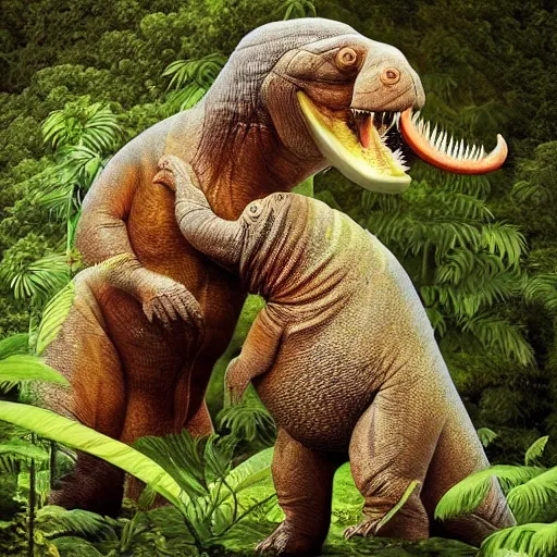 Image similar to a tyrannosaurus rex and a walrus hugging in a space jungle