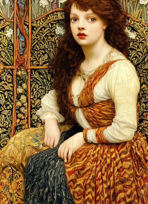 Prompt: masterpiece of intricately detailed preraphaelite photography portrait hybrid of judy garland aged 3 0 and a hybrid of rhianna and shelly duval, sat down in train aile, inside a beautiful underwater train to atlantis, betty page fringe, medieval dress yellow ochre, by william morris ford madox brown william powell frith frederic leighton john william waterhouse hildebrandt