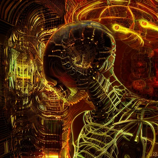 Prompt: cybernetic demon dreaming the destruction of reality with its highly networked mind, lsd, circuitry, intricate detail, royo, whealan, giger, klimt, hd, octane render, unreal engine,