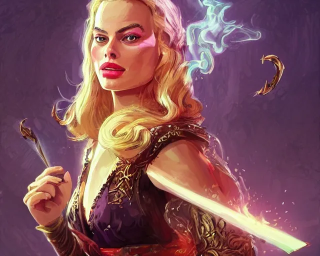 Image similar to margot robbie as a strong fantasy magician who does magic, colorful spells, fantasy art, in the style of Fernando Juarez, illustration, epic art, fantasy, intricate, elgant, amazing detail, digital painting, artstation, concept art, smooth, sharp focus