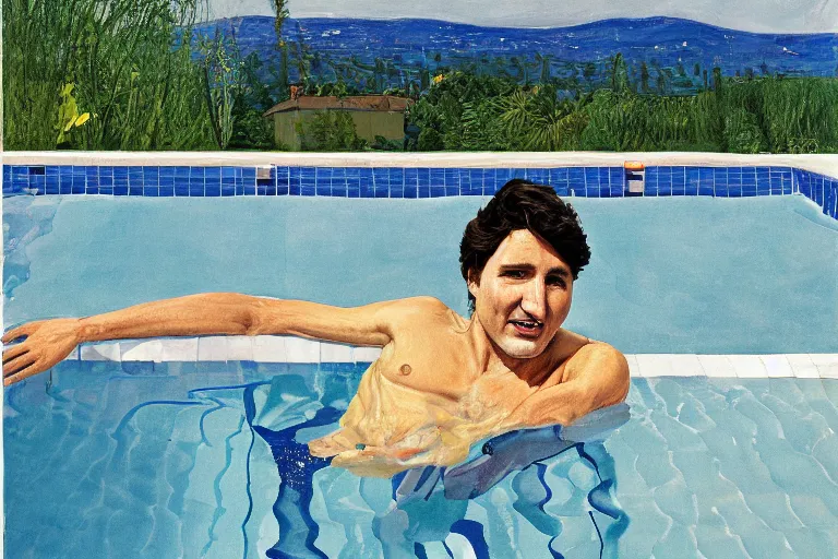 Image similar to justin trudeau in a swimming pool in a house in california, magazine centerfold, by david hockney, peter doig, lucien freud, francis bacon, pop realism, oil on canvas