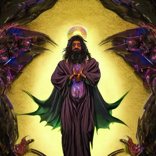 Image similar to 4K headshot portrait of godlike Pimp of Nazareth with defined arms and open hands and bloody clothes with giant mandala wings , intricate face , flawless anime cel animation by Kentaro Miura, psychedelic , highly detailed upper body , professionally post-processed , beautiful, scary, symmetry accurate features, epic, octane rendered, anime masterpiece, accurate by Craig Mullins, ilya kuvshinov, krenz cushart, epic , artgerm trending on artstation by Edward Hopper and Dan Mumford and WLOP and Rutkovsky, beksinski carl spitzweg moebius and tuomas kocar, intricate artwork by caravaggio, Unreal Engine 5, Lumen, Nanite