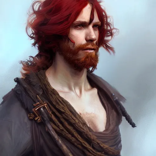 Image similar to portrait of a young rugged pirate, male, masculine, upper body, red hair, long hair, d & d, fantasy, intricate, elegant, highly detailed, digital painting, artstation, concept art, matte, sharp focus, illustration, art by artgerm and greg rutkowski and alphonse mucha