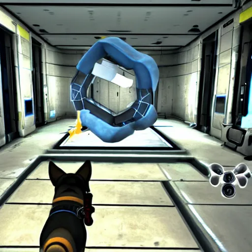 Prompt: A dog in Portal 2 shooting portals